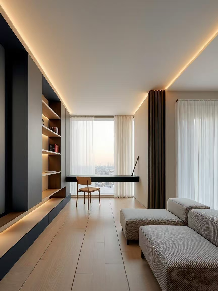 意式极简通过清晰的线条、简洁的形状和无冗余装饰，让空间呈现整齐有序的高级感，同时兼顾居住实用性。 